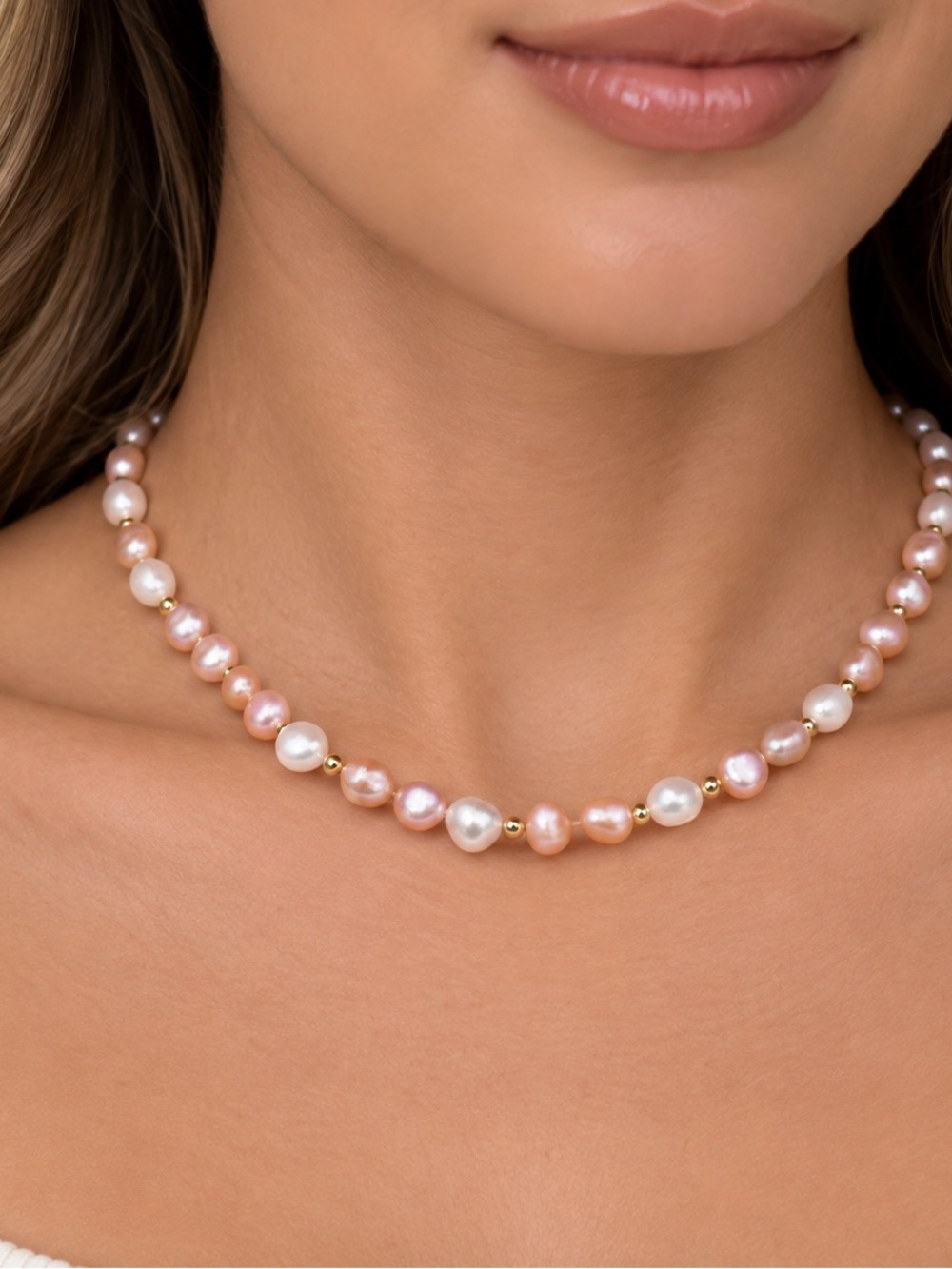 Oshena Designer Beachwear Coralie pink and white pearl necklace
